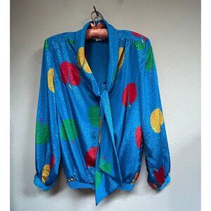 Da Rue for Neil's Women's Size 12 Long Sleeve Top Tie Neck Blouse Apples Blue